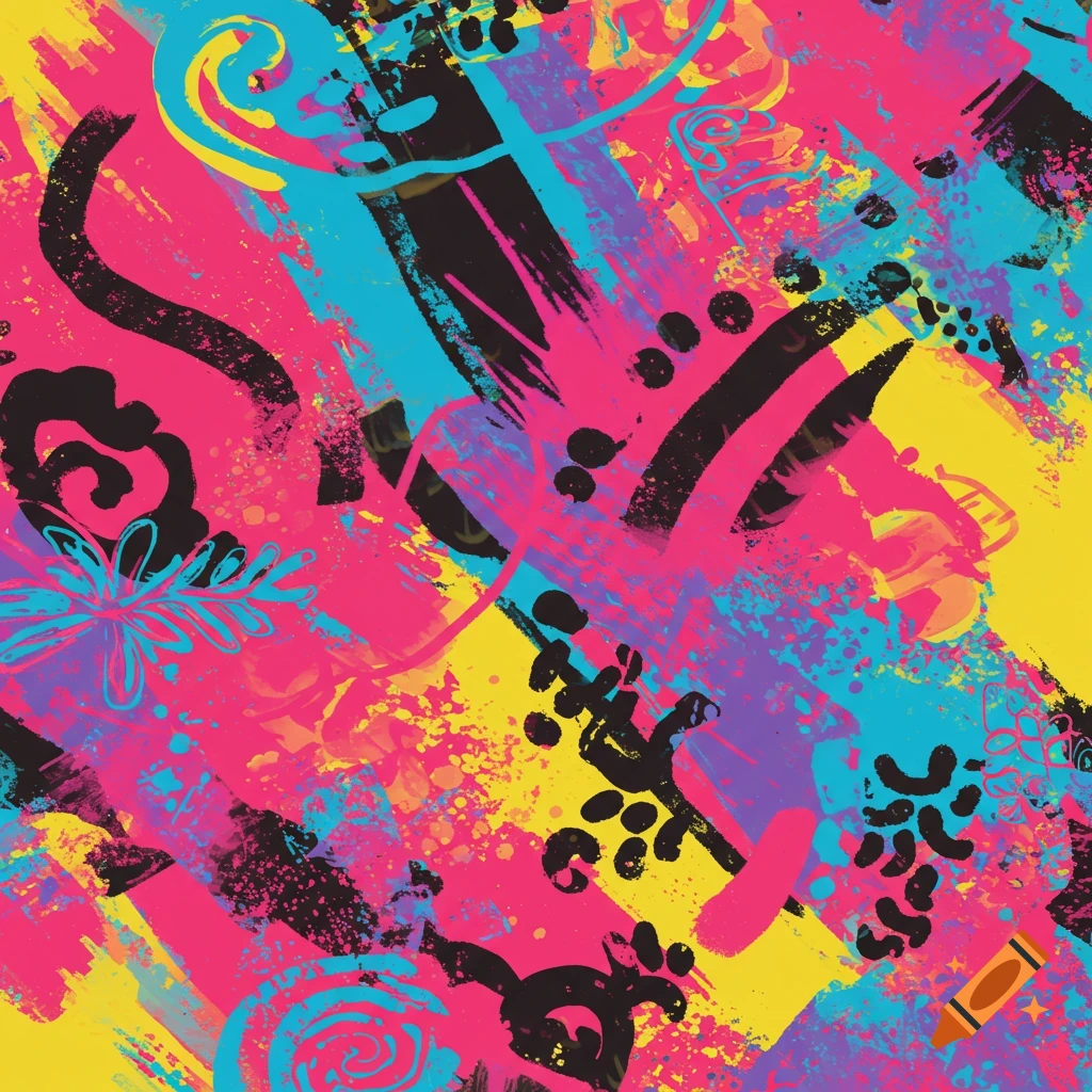 Vibrant abstract pattern with colorful brushstrokes and shapes.