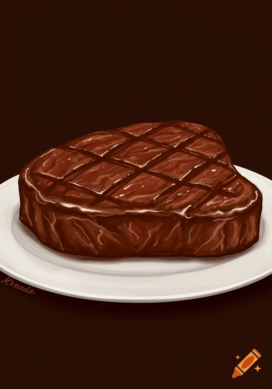 Illustration of a steak on a white plate against a brown background.