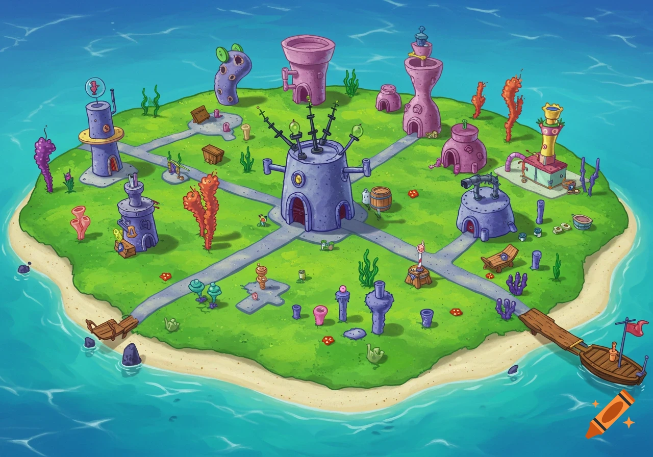 Cartoon illustration of an island with unusual buildings connected by paths, surrounded by ocean.