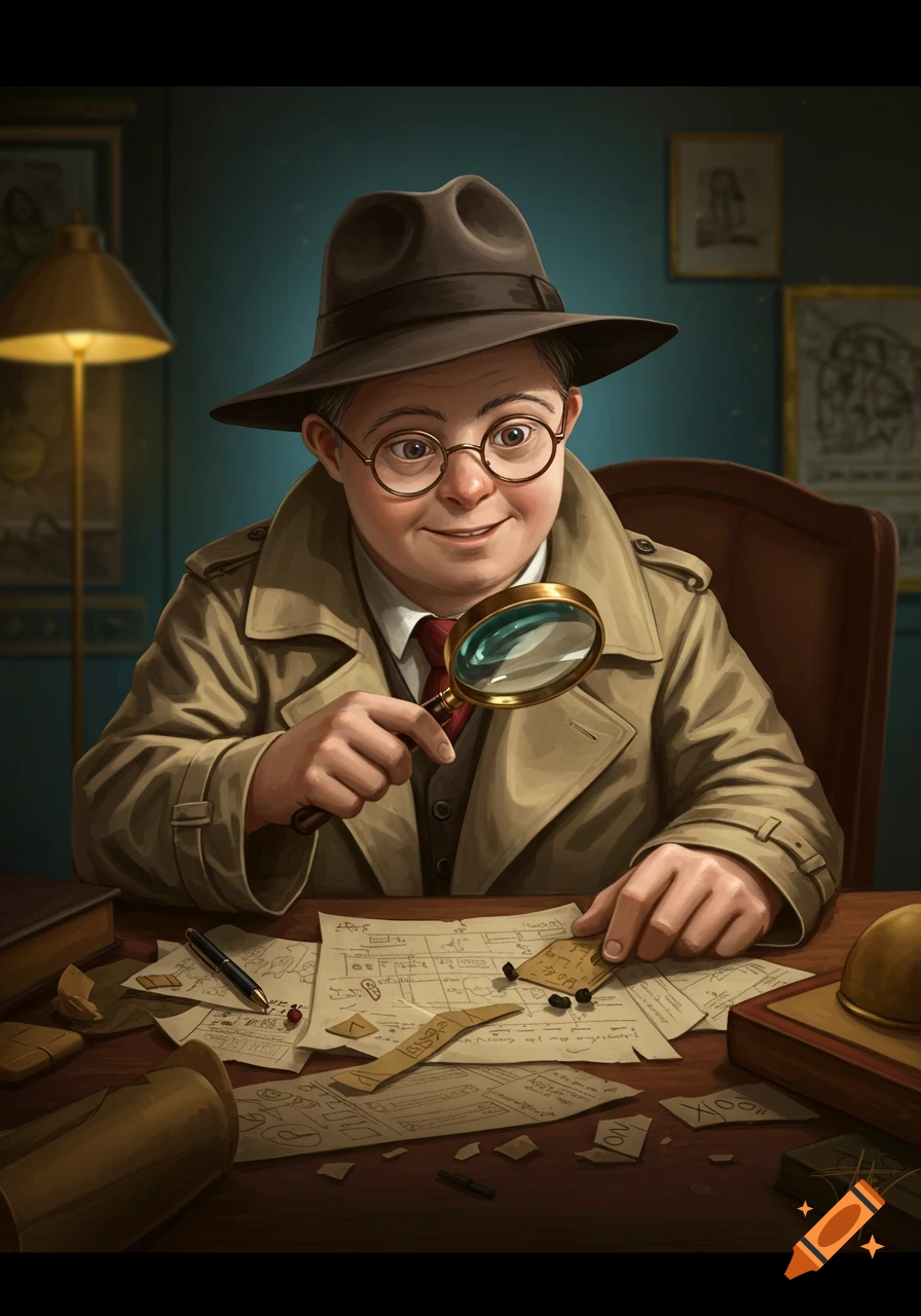 Illustration of a detective with Down syndrome examining clues on a desk with a magnifying glass.