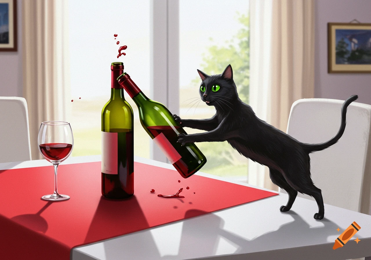 A black cat knocks over a bottle of red wine, spilling it on a table with a glass, digital painting.