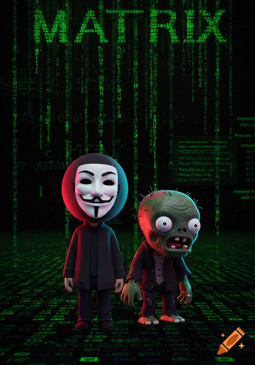 Cartoon figures of a person with an Anonymous mask and a zombie against a green digital Matrix background with the word MATRIX.
