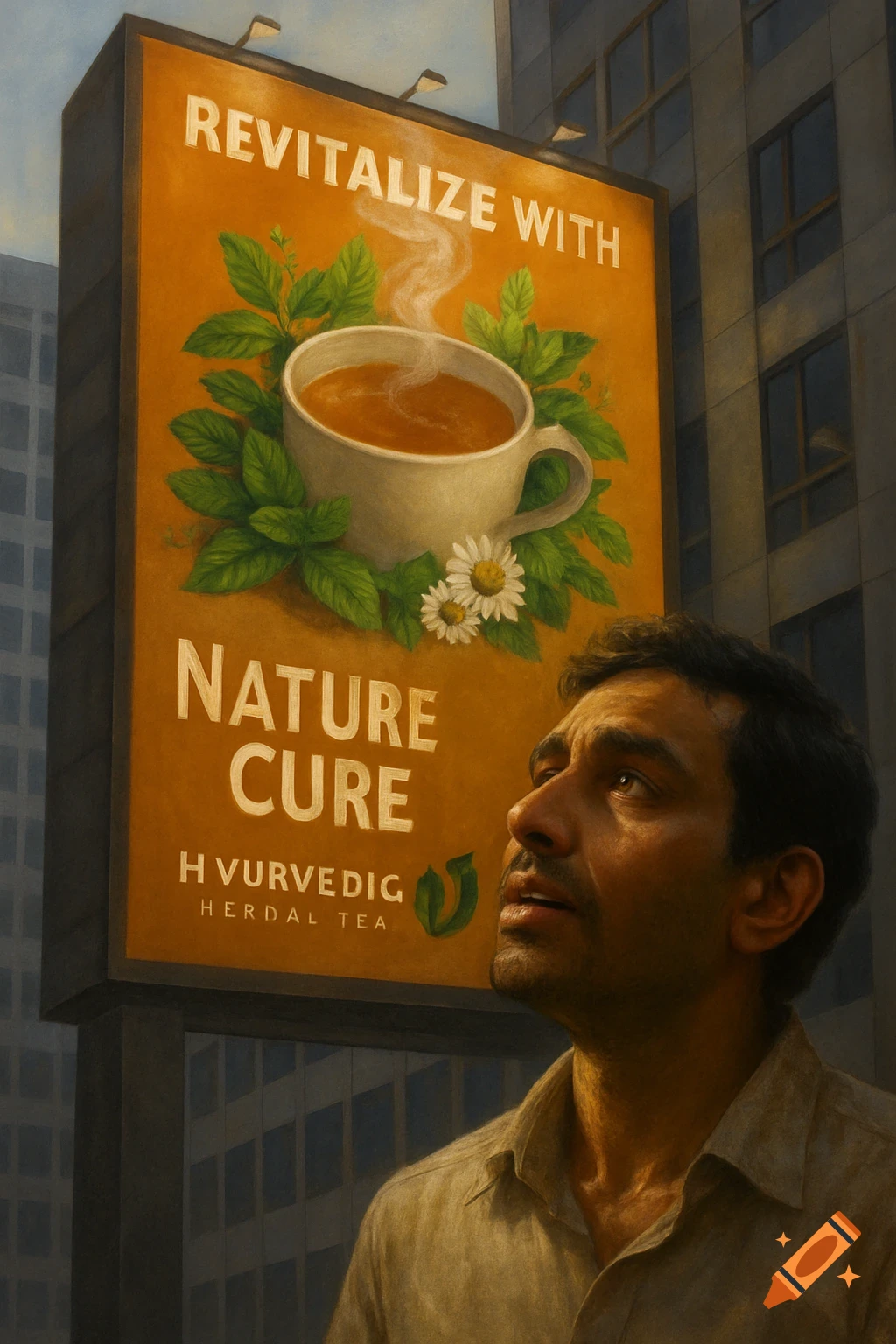 Painting of a man looking up at a large billboard for herbal tea on a city building.