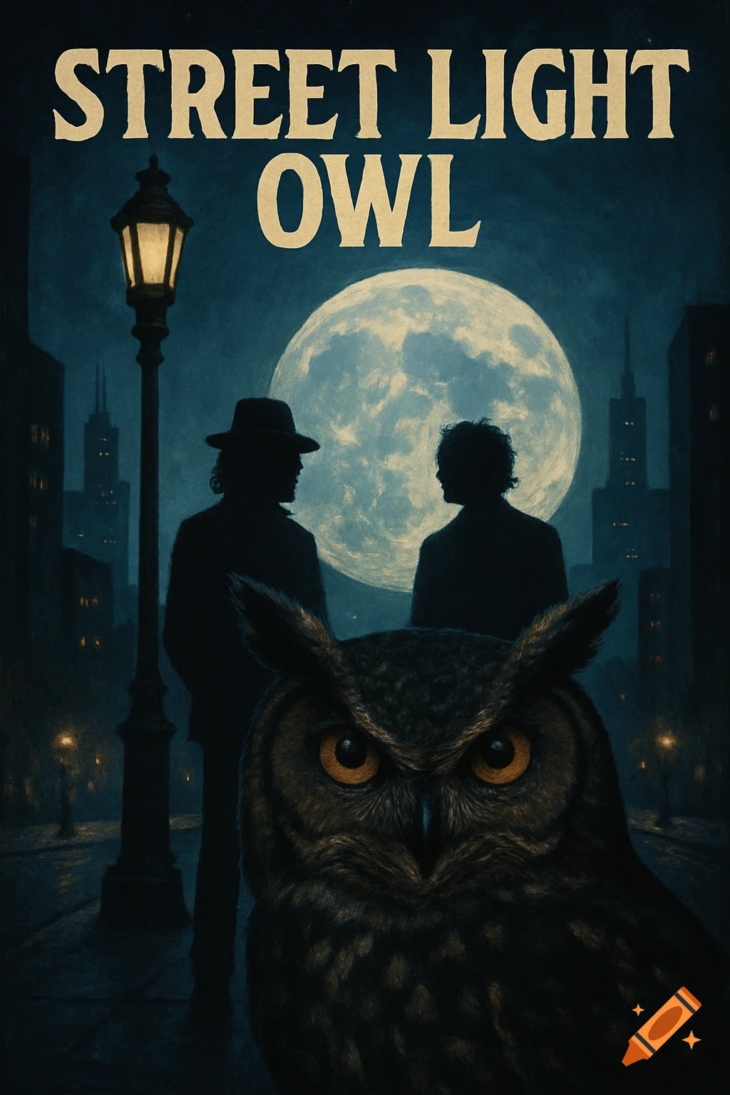 An owl in the foreground of a city night scene with two silhouetted figures under a large moon, text "STREET LIGHT OWL" at top.