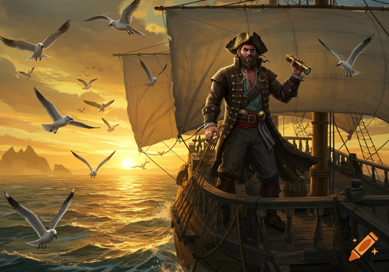 A pirate stands on the deck of his ship at sunset with seagulls flying around him.