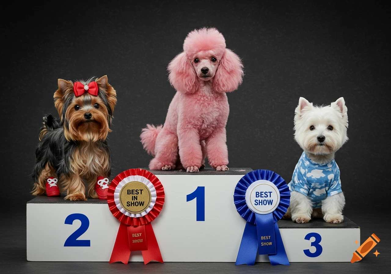 Three dogs, a Yorkshire terrier, pink poodle, and West Highland terrier, on a 1st, 2nd, and 3rd place show podium with ribbons.