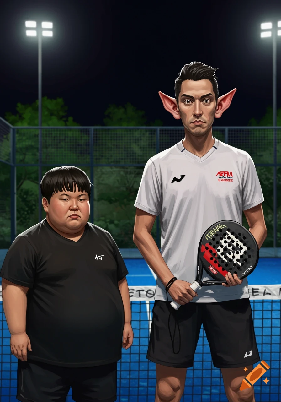 Illustration of two men, one short, one tall with large ears, standing on a padel court with a racket.
