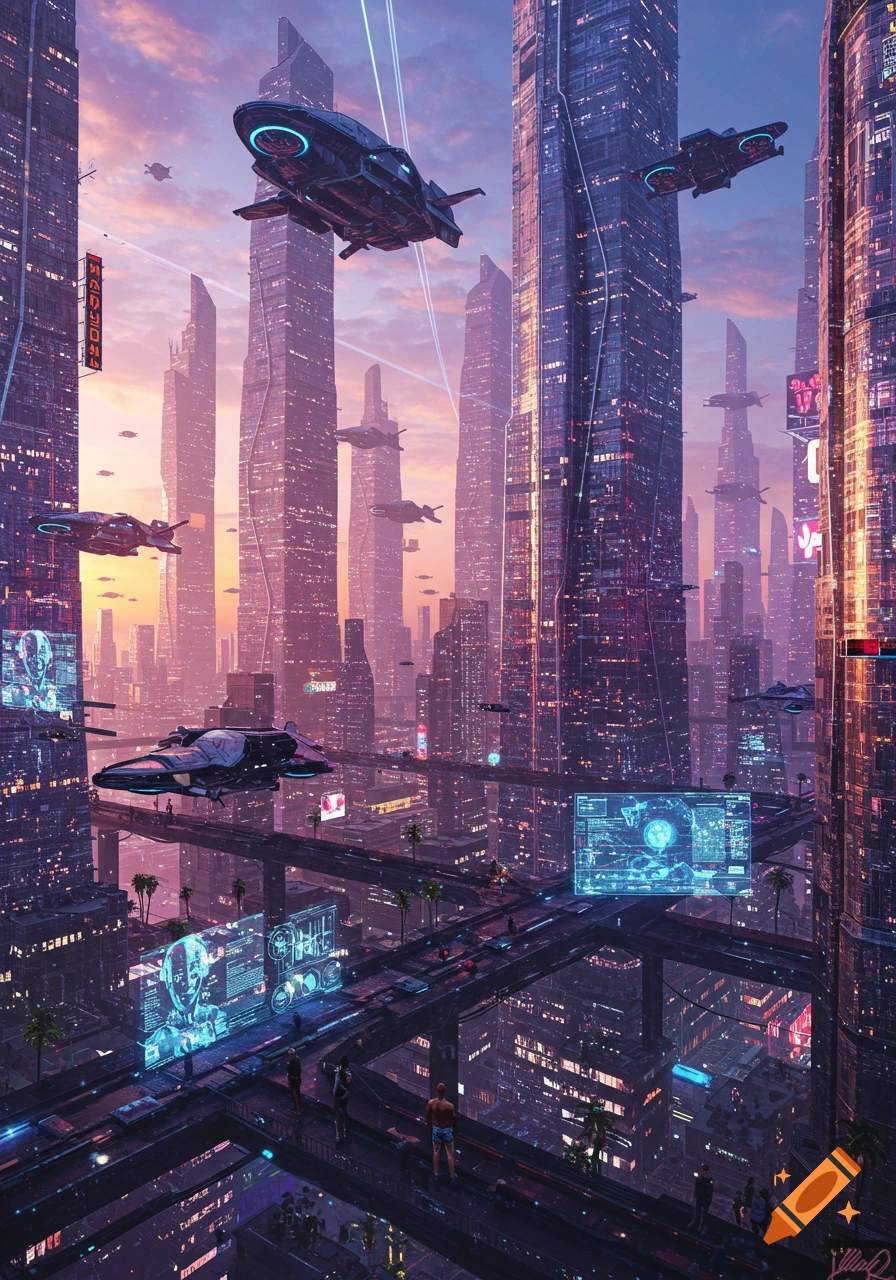 Futuristic city skyline with towering skyscrapers, flying vehicles, and ...