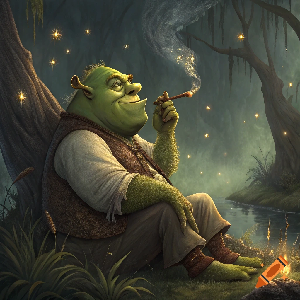 Shrek sits smoking a pipe in a swampy forest at night with glowing sparks and fireflies