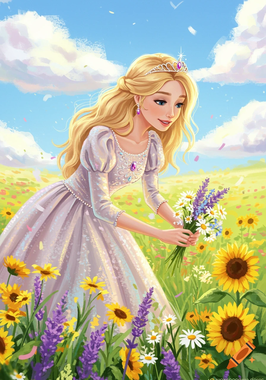 Illustration of a blonde princess in a sparkly dress picking flowers in ...