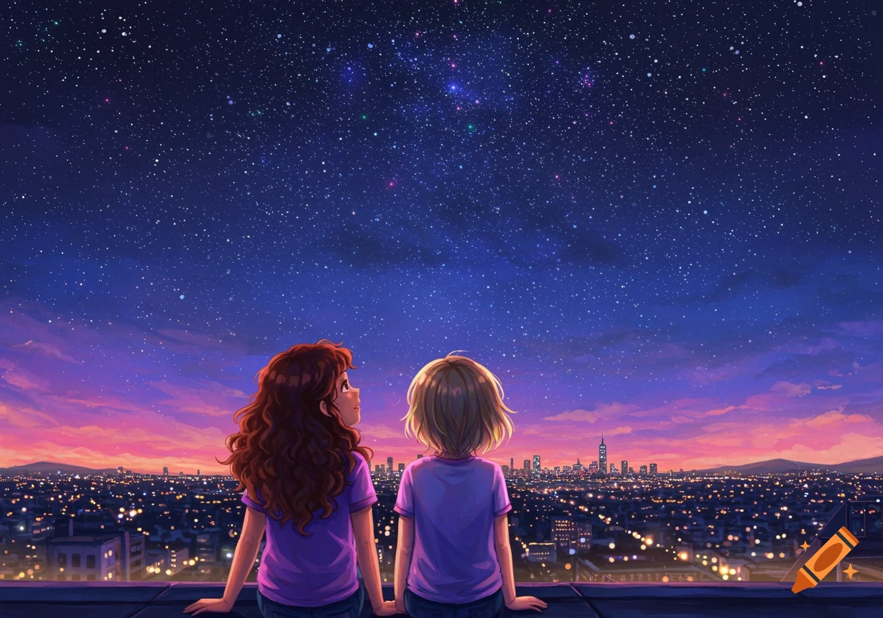 Anime illustration of two girls sitting on a rooftop, looking up at a starry night sky over a city skyline.