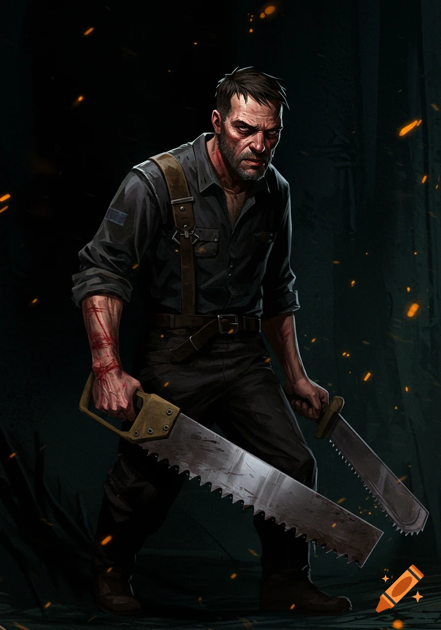 Stylized portrait of a rugged man holding two saws with blood on his arm.