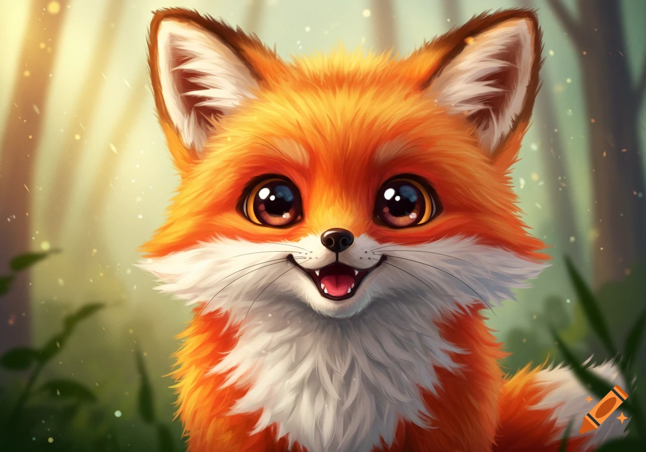 Close-up of a cute, smiling cartoon fox in a forest setting.
