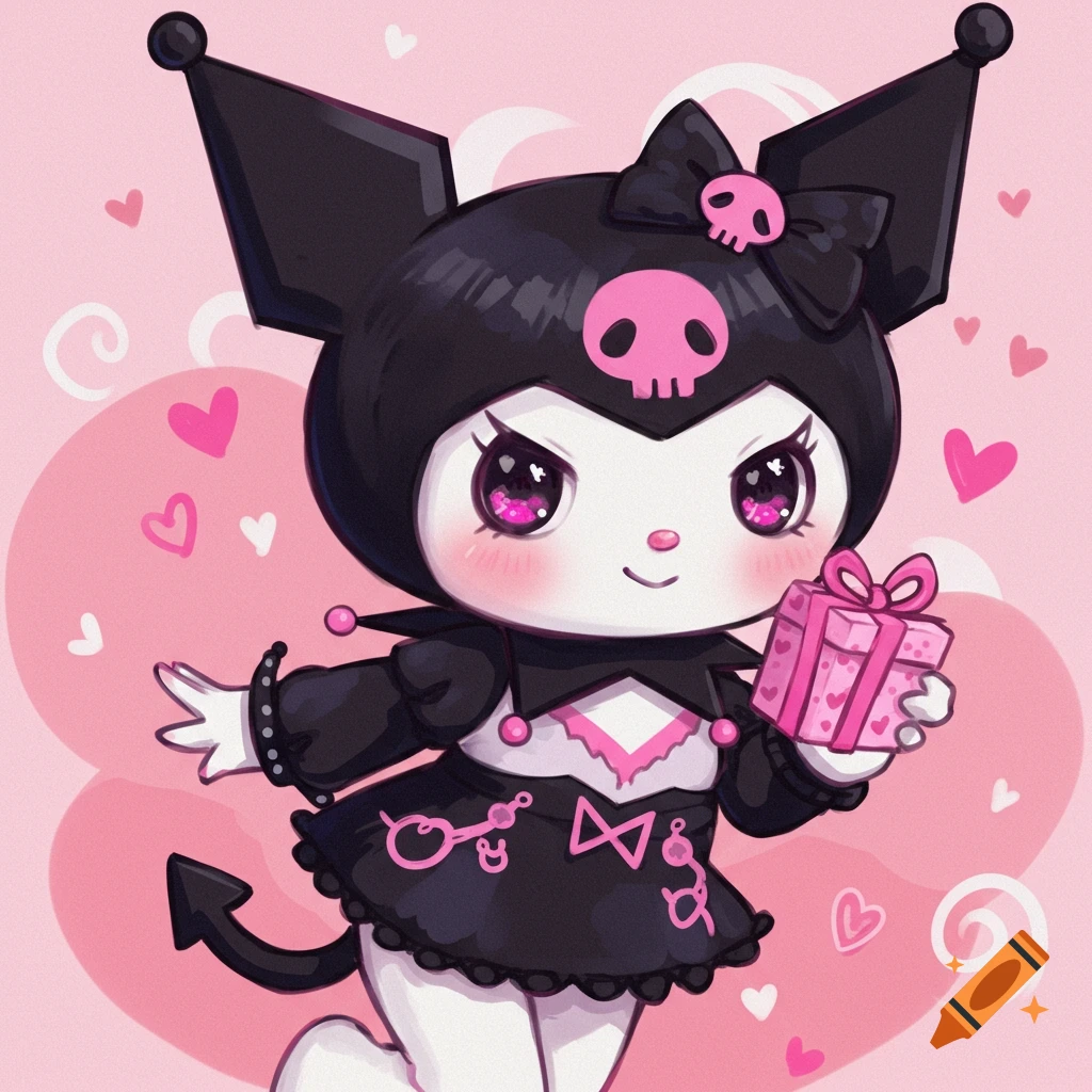 Cute anime character Kuromi holds a pink gift box against a background of hearts.