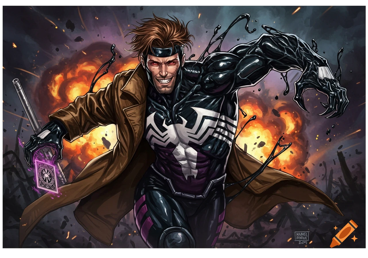 Comic book art of Gambit in a Venom suit, holding a staff and charged card, with an explosion behind him.