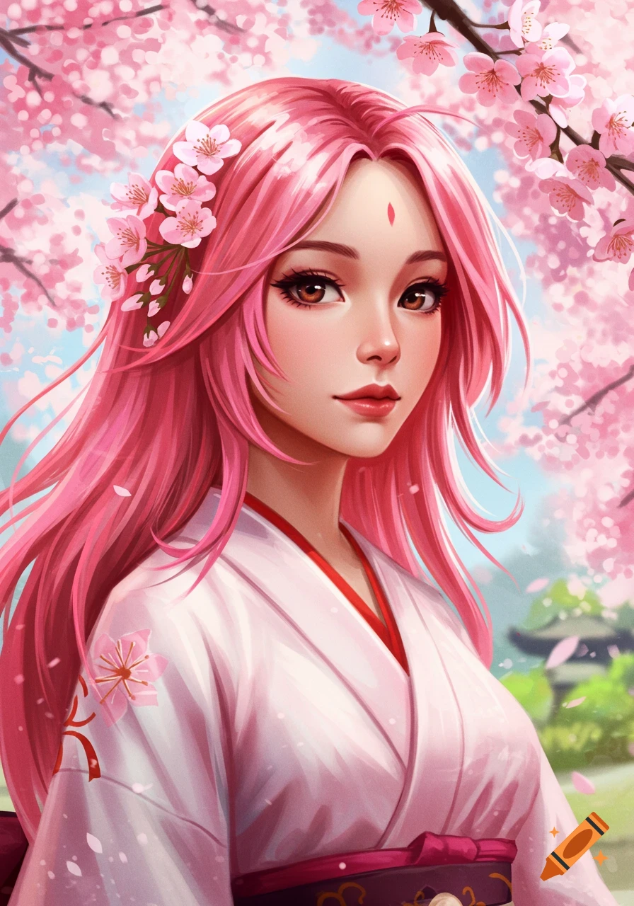A portrait of a woman with pink hair wearing a kimono, surrounded by cherry blossoms, in an anime style.