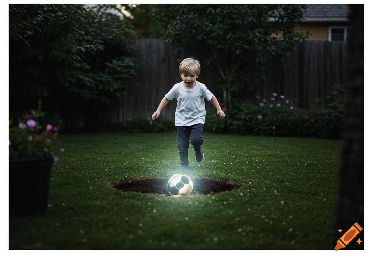 A young boy runs towards a glowing soccer ball in a hole in a grassy backyard.