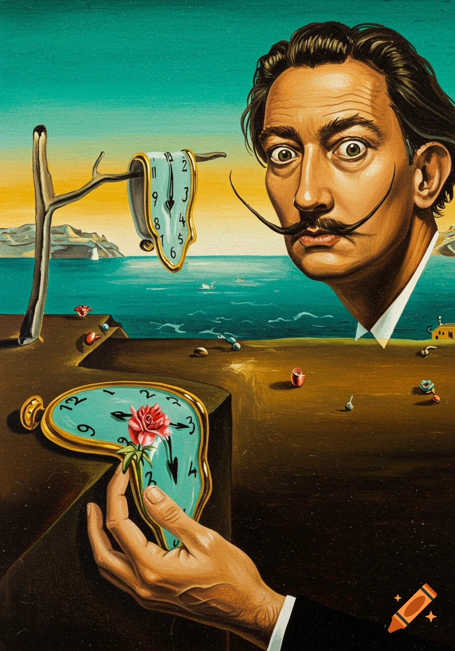 A surrealist oil painting featuring melting clocks, a landscape, and a ...