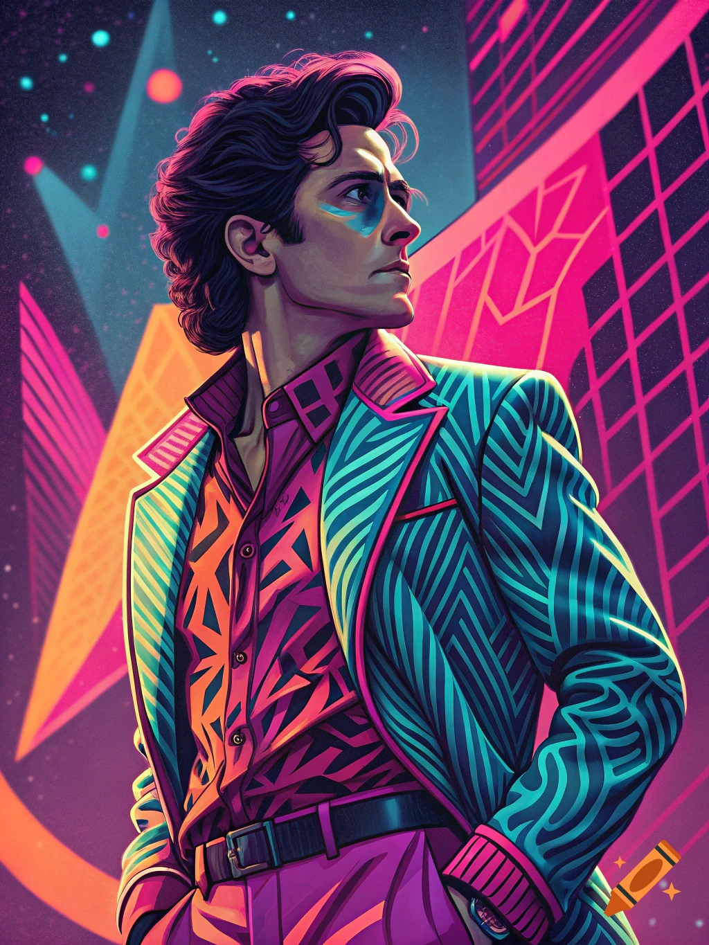 A man in a neon 80s style painting, wearing a patterned jacket and shirt against a bright geometric background.