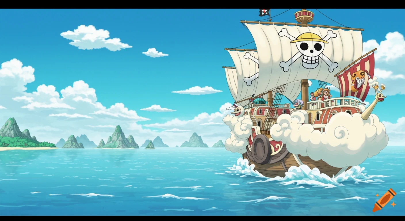 One Piece anime style ship sailing on the ocean with islands in the background