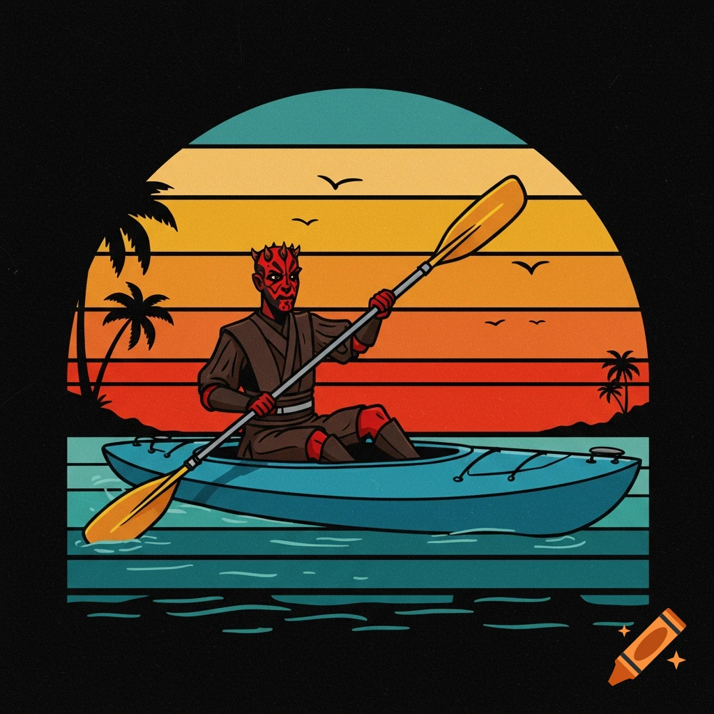 Animated retro illustration of Darth Maul kayaking at sunset with palm trees