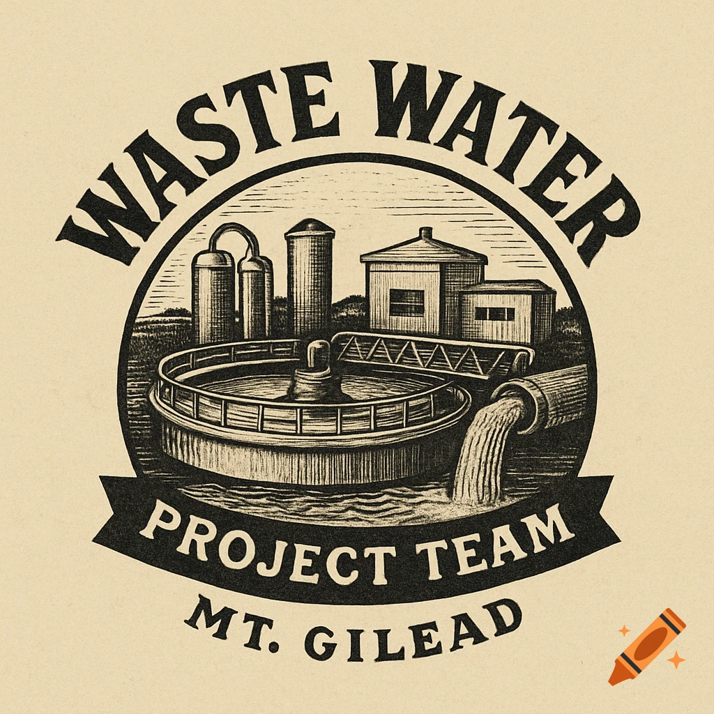 Vintage engraving logo for Waste Water Project Team with plant illustration.