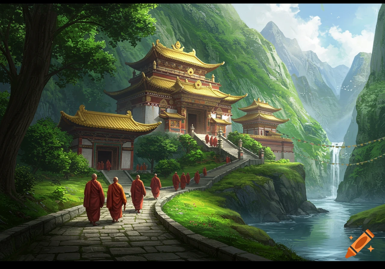 Monks walk towards a golden-roofed temple in a lush mountain valley with a river and waterfall, digital painting.