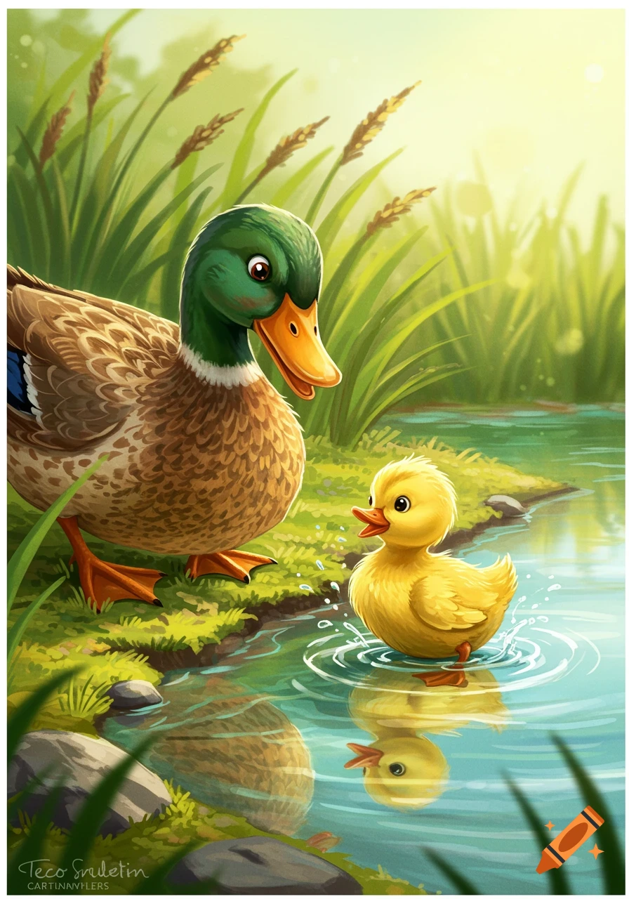 Illustrated mother duck and baby duck by a pond