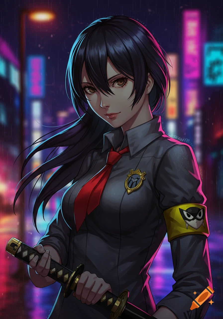 Anime woman in jacket and tie holds a sword in a rainy city street.