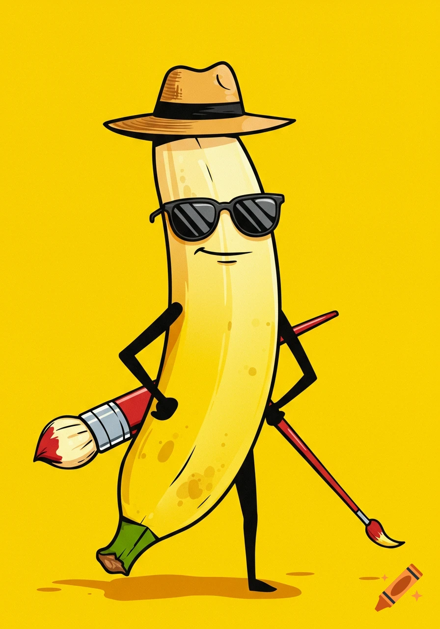 Cartoon illustration of a banana character wearing a hat and sunglasses, holding two paintbrushes, on a yellow background.