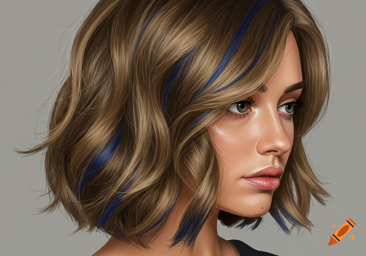Close-up realistic portrait of a woman with wavy light brown hair and navy blue highlights.