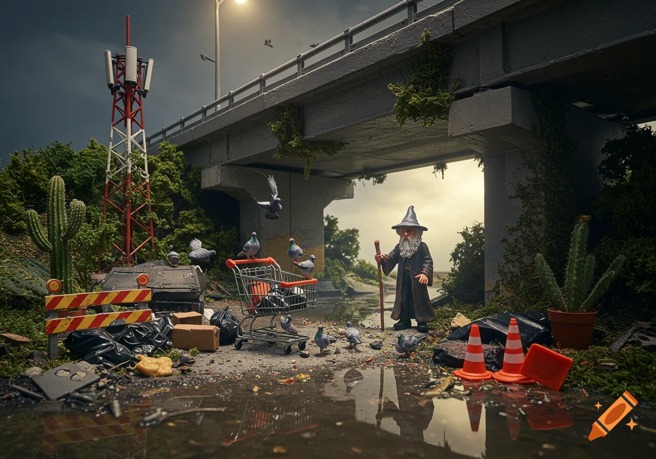 Vintage miniature diorama of a wizard under an underpass with pigeons, a shopping cart, trash, and cacti.