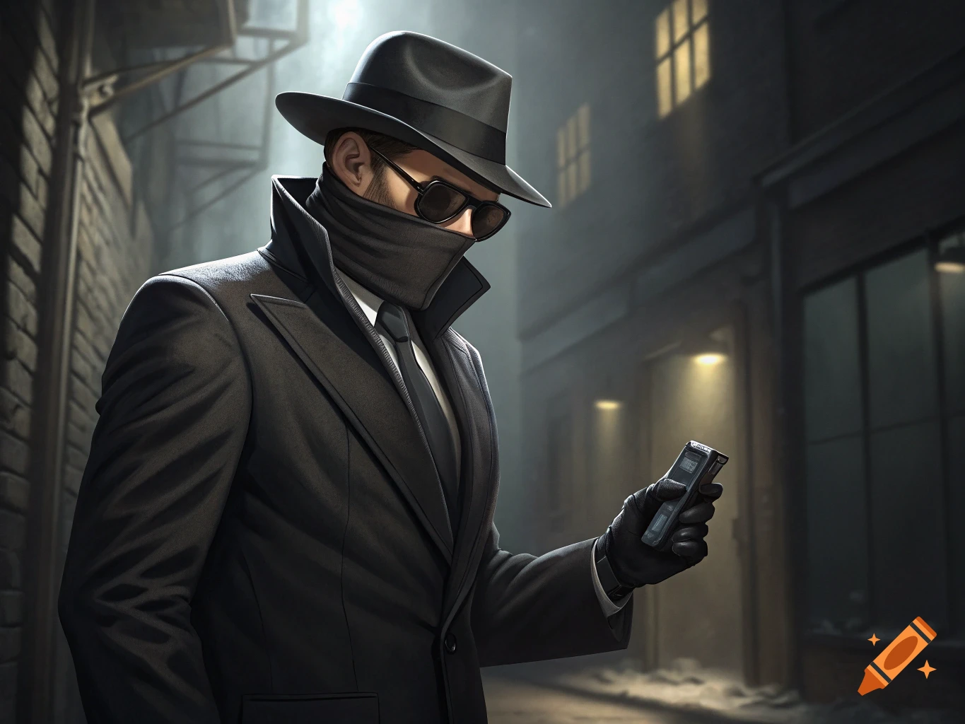 A person in a spy outfit stands in a dark alley, looking at a small device.