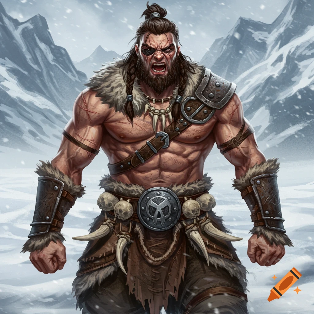 A fierce barbarian with an eye patch stands in a snowy mountain landscape.