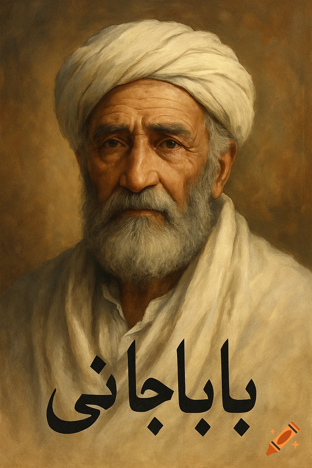 Realistic portrait of an old man with a turban and beard, with Urdu text below.
