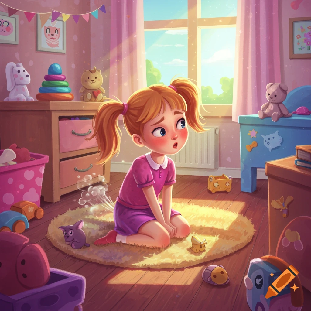 Illustration of a surprised girl sitting on a rug in a bright playroom with toys, with a fart cloud behind her.