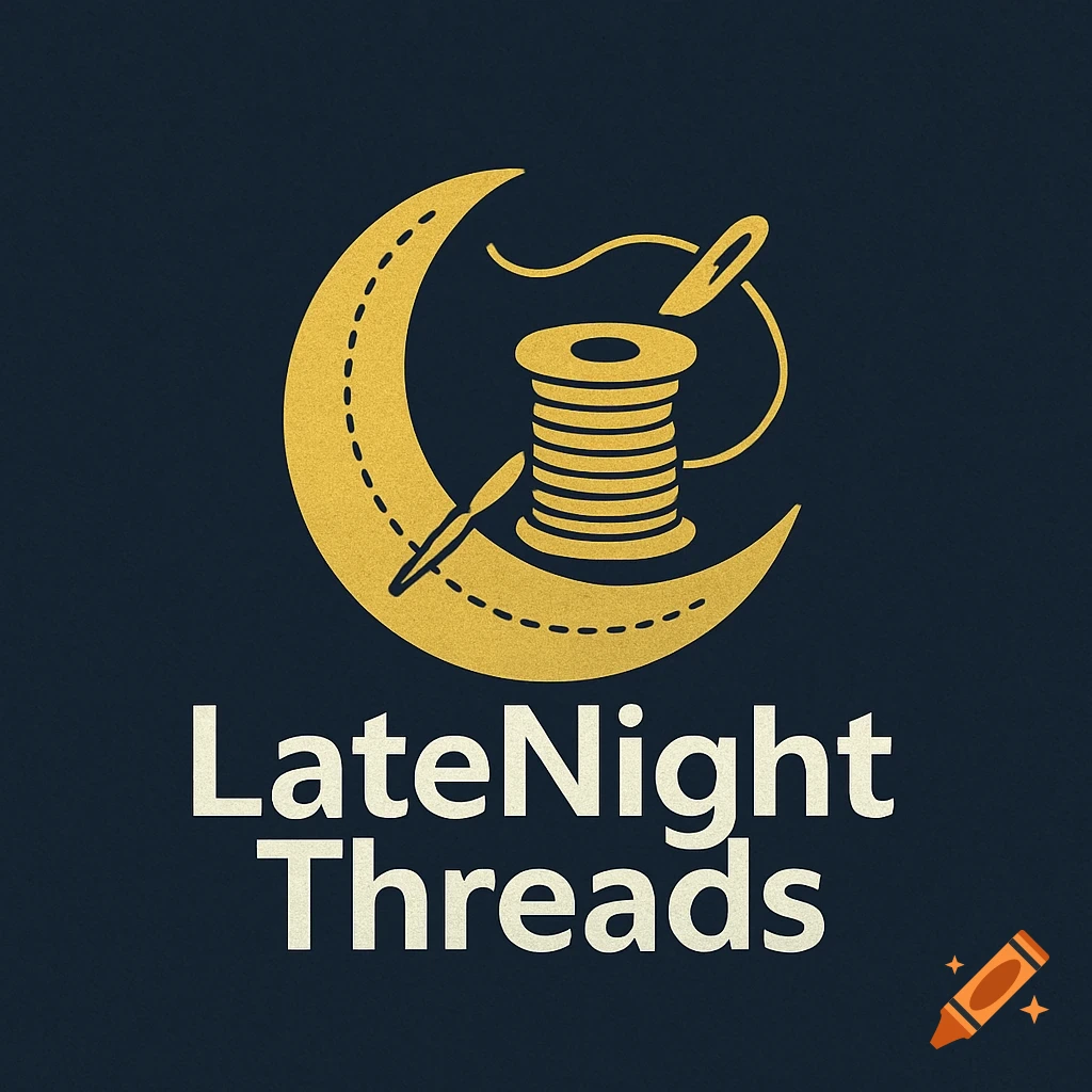 Logo with gold crescent moon, spool of thread, needle, and text 'LateNight Threads' on dark background.