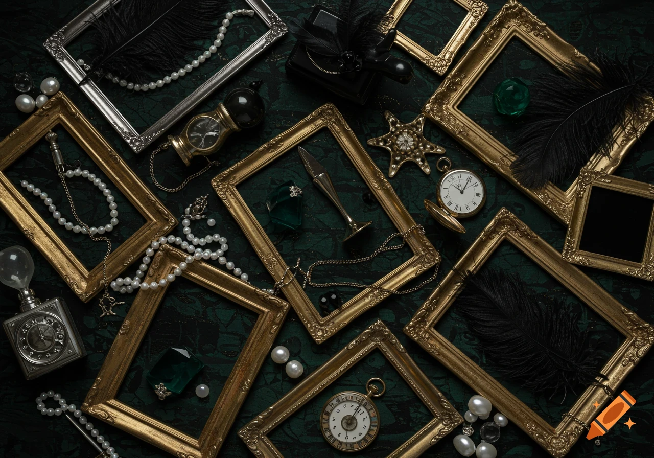 Overhead view of vintage items including gold frames, pearls, feathers, and pocket watches on a dark green background.