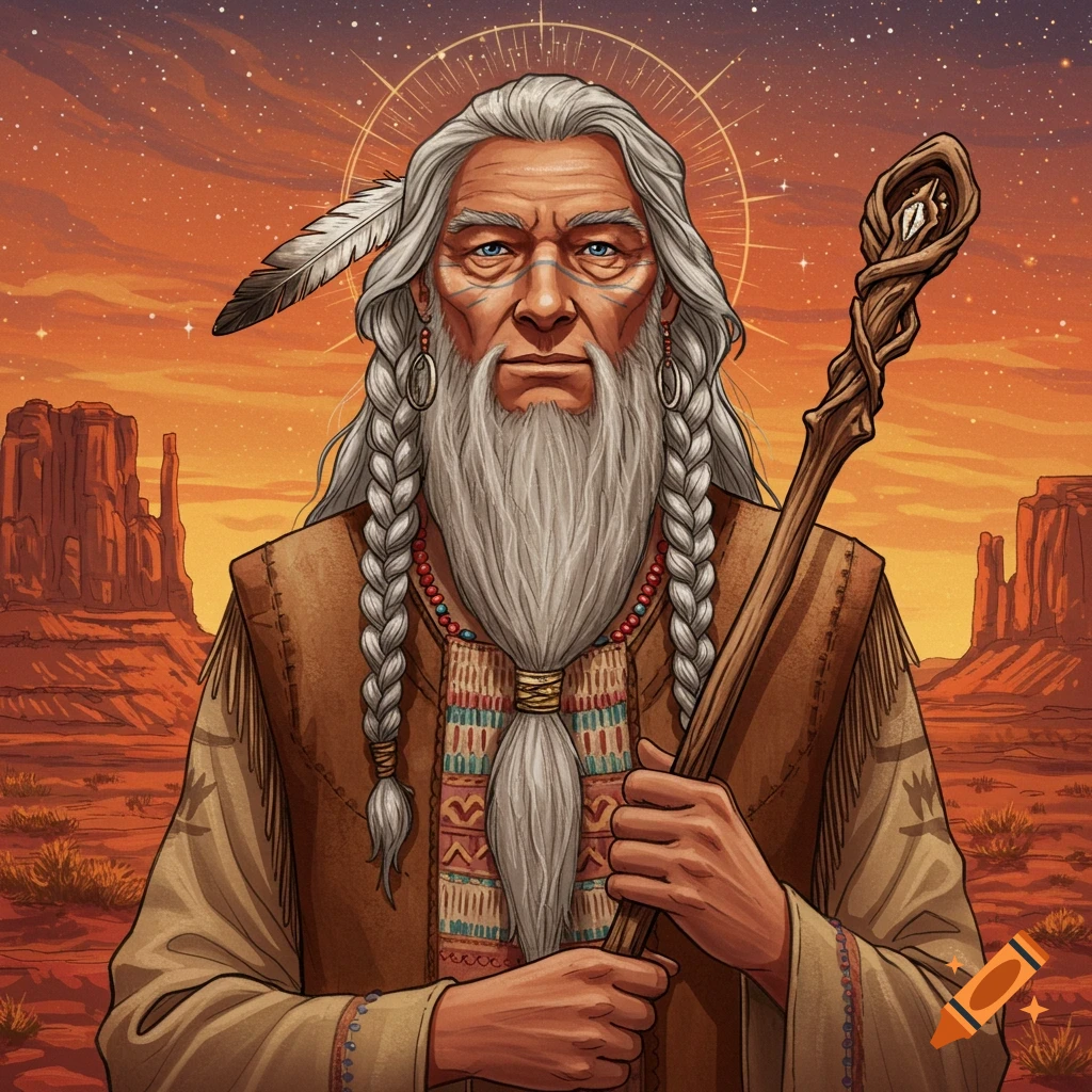 Illustration of an elderly Indigenous man with long grey hair and braids, holding a staff, against a desert landscape.