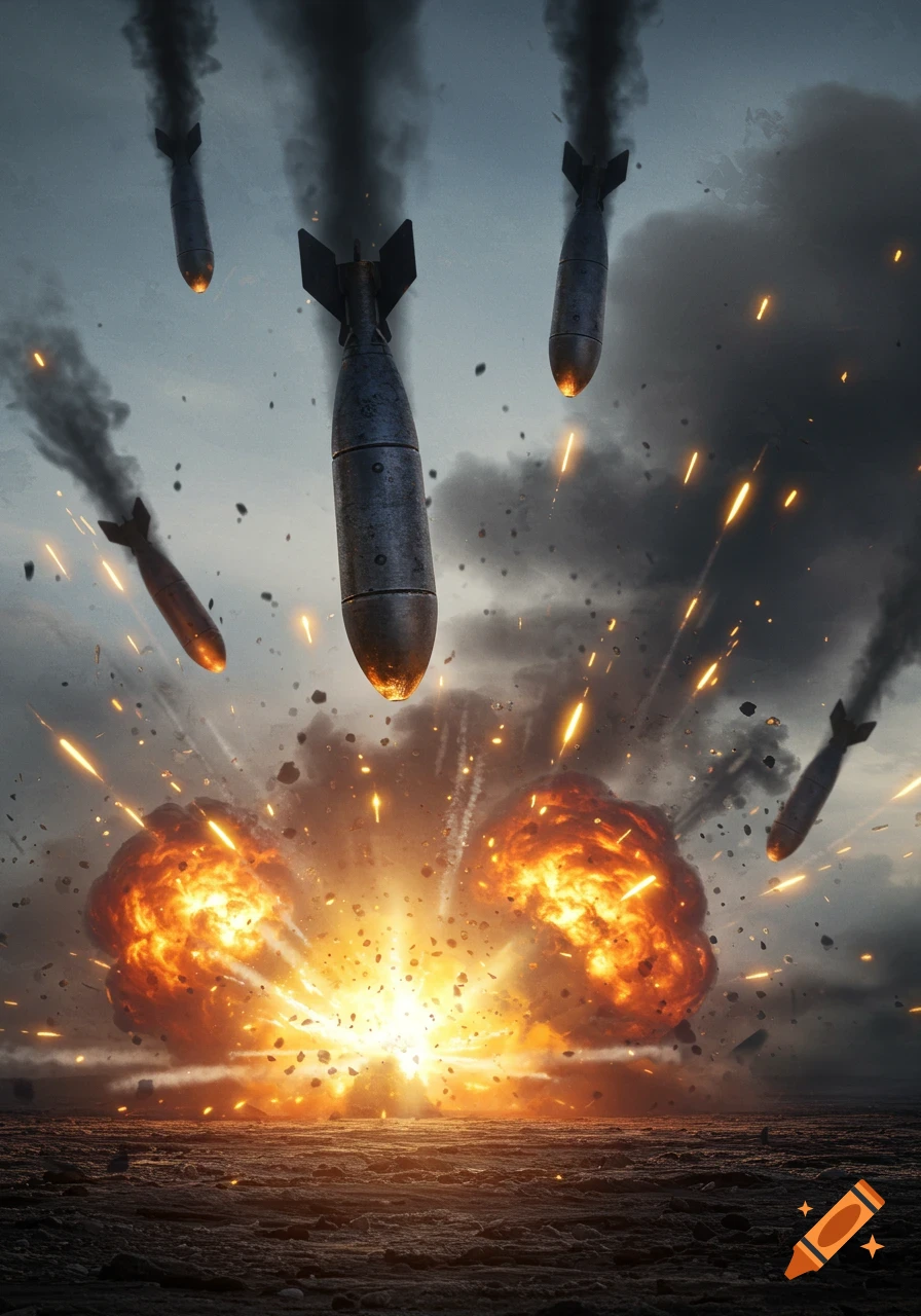 Photorealistic image of bombs falling and exploding on the ground