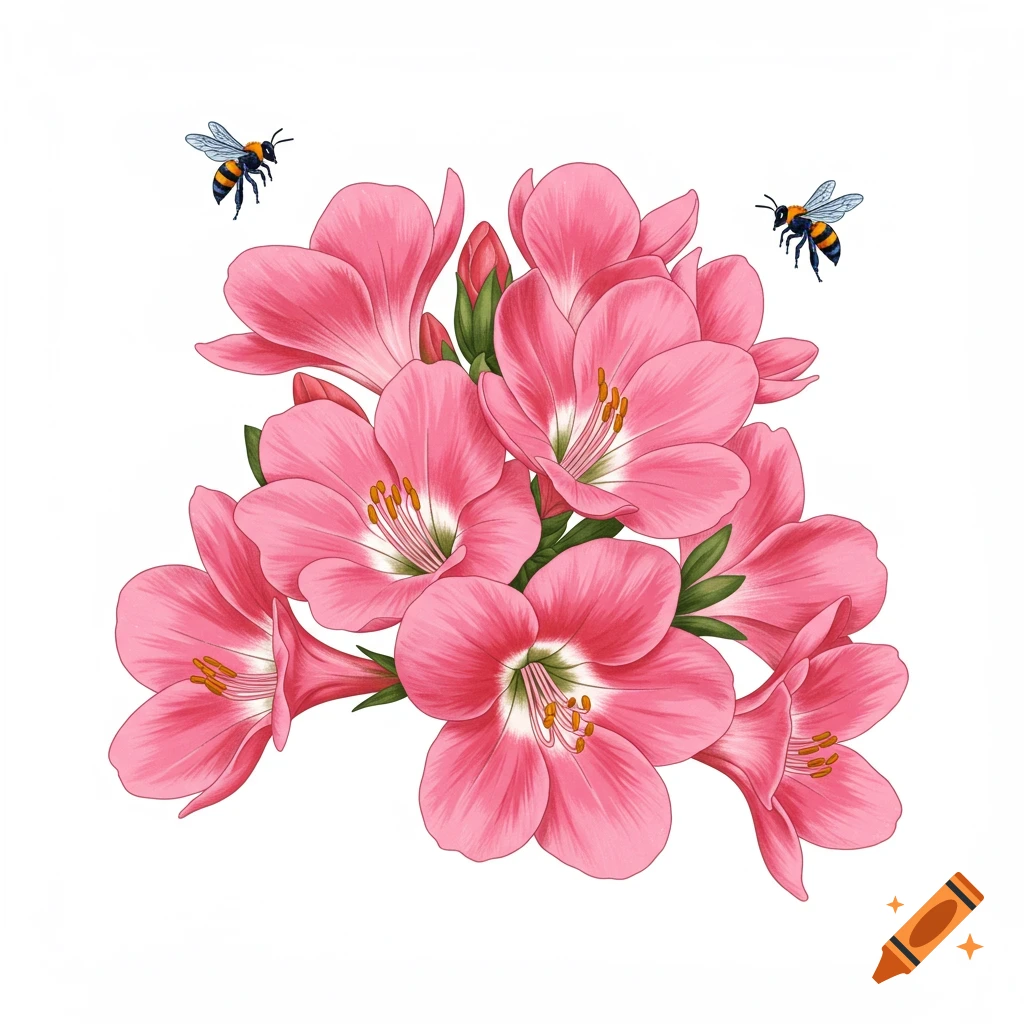 Botanical illustration of pink flowers with two bees on a white background.