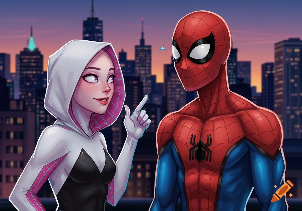 Illustration of Spider-Man and Spider-Gwen talking on a city rooftop.
