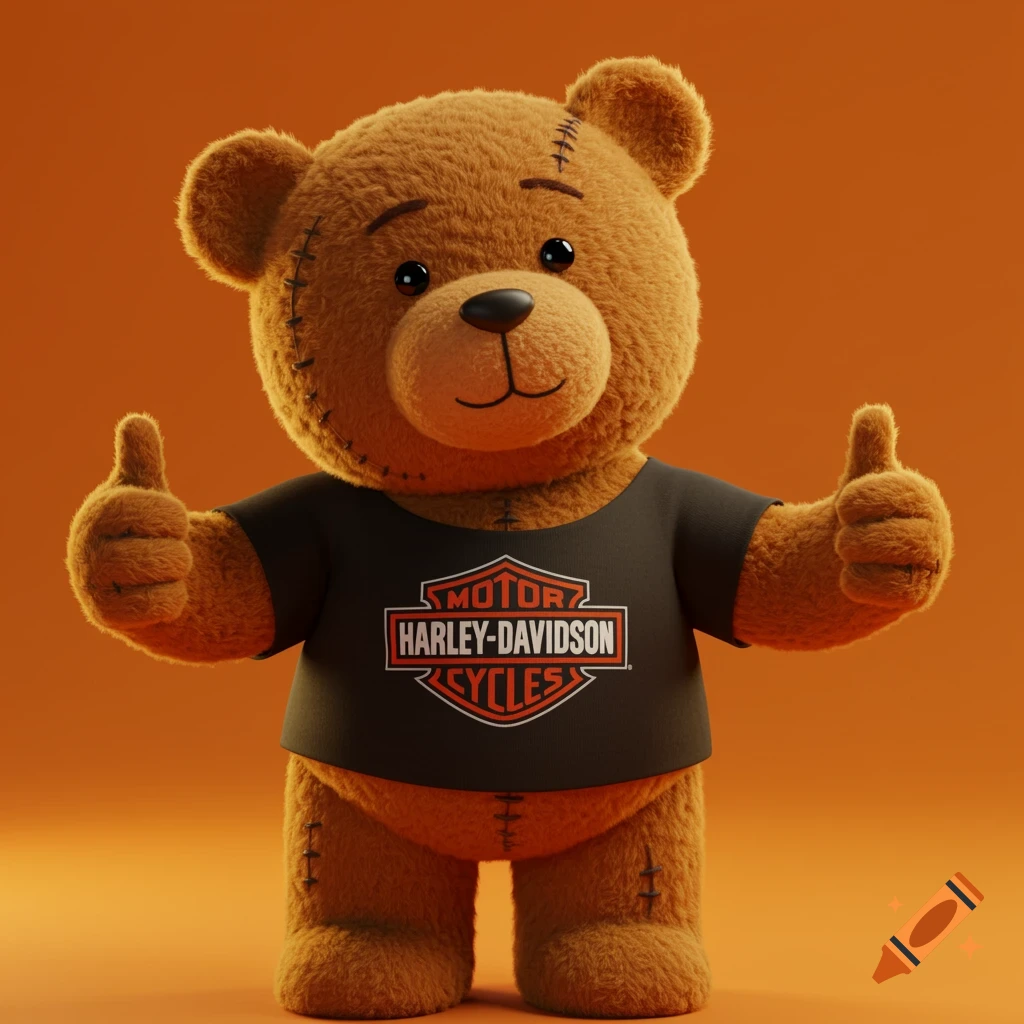 Fluffy teddy bear wearing a Harley-Davidson t-shirt gives thumbs up in a studio setting.
