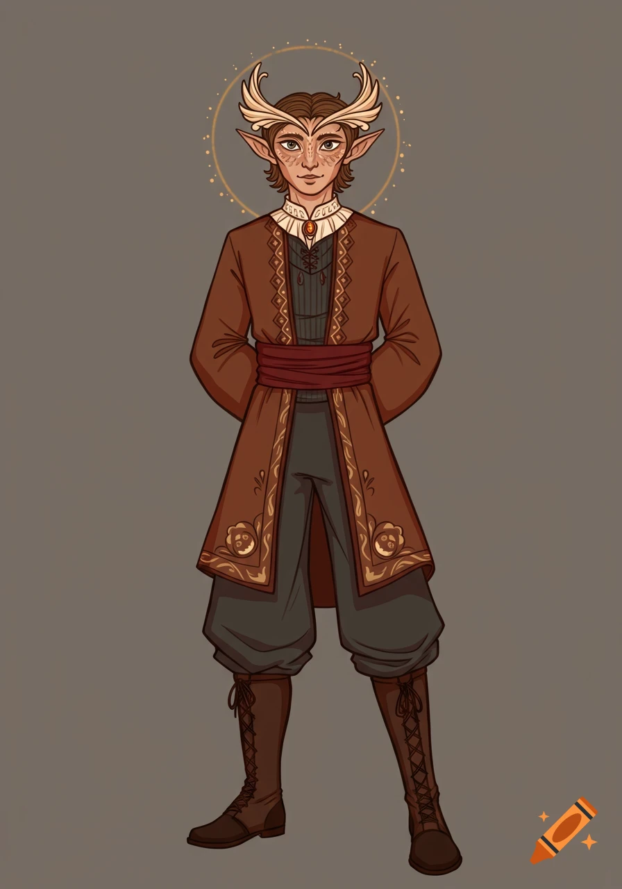 An illustrated fantasy character with elf ears and a forehead crest, wearing a brown embroidered coat and boots, stands against a gray background.