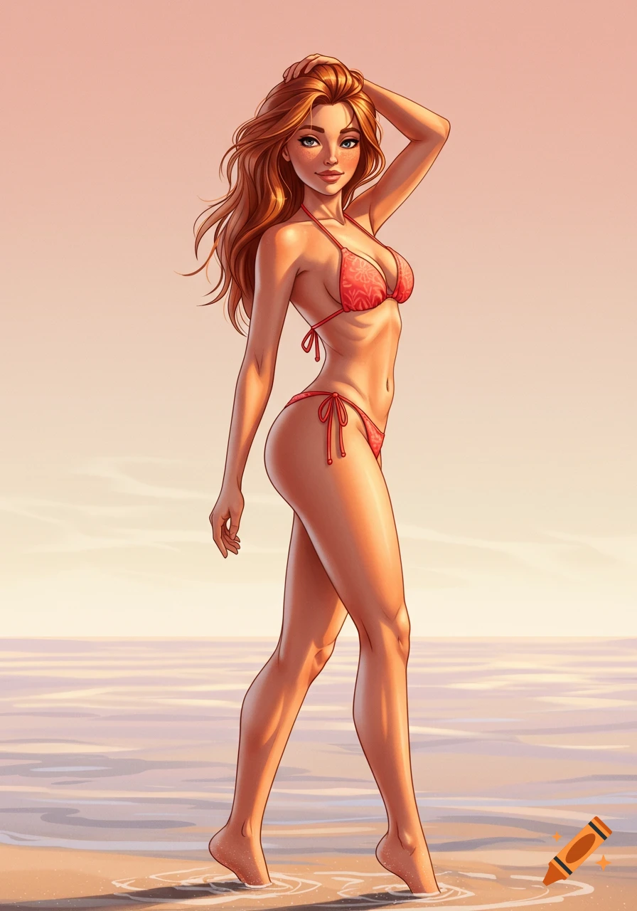 An illustration of a woman in a red bikini standing on a beach.