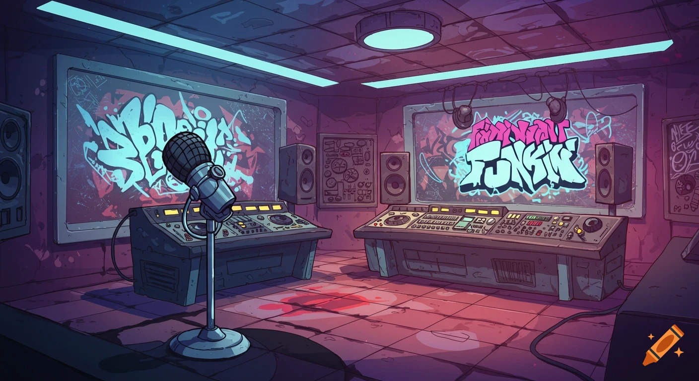 Stylized music studio with screens displaying graffiti logos ...