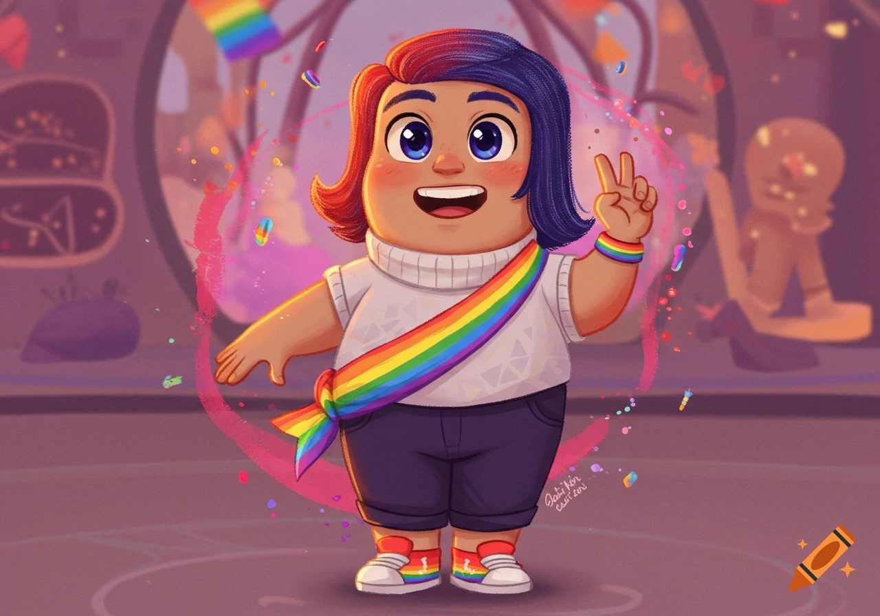 Cartoon character with rainbow sash and hair giving a peace sign in a festive setting.