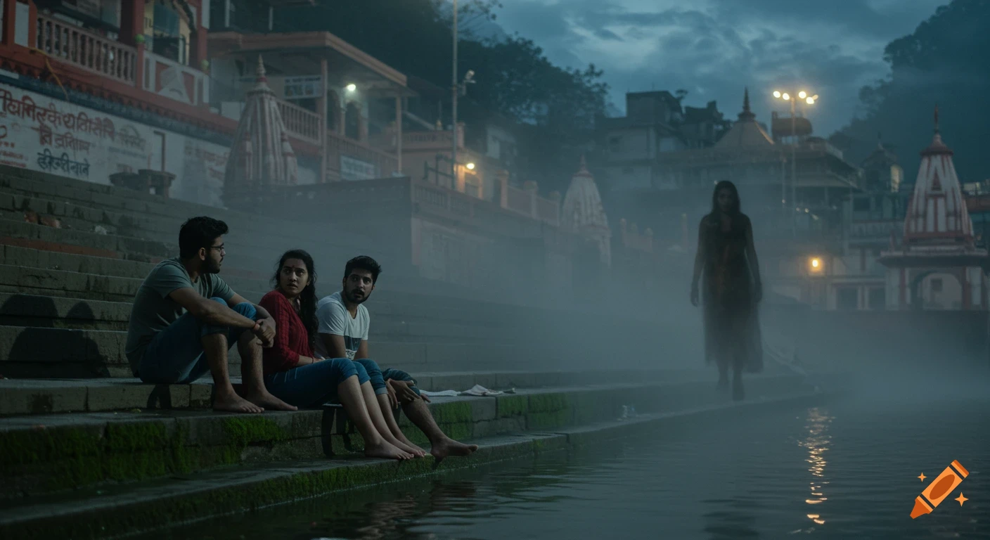 Three people sit on steps by a misty river at night, watching a ghostly figure emerge from the fog.