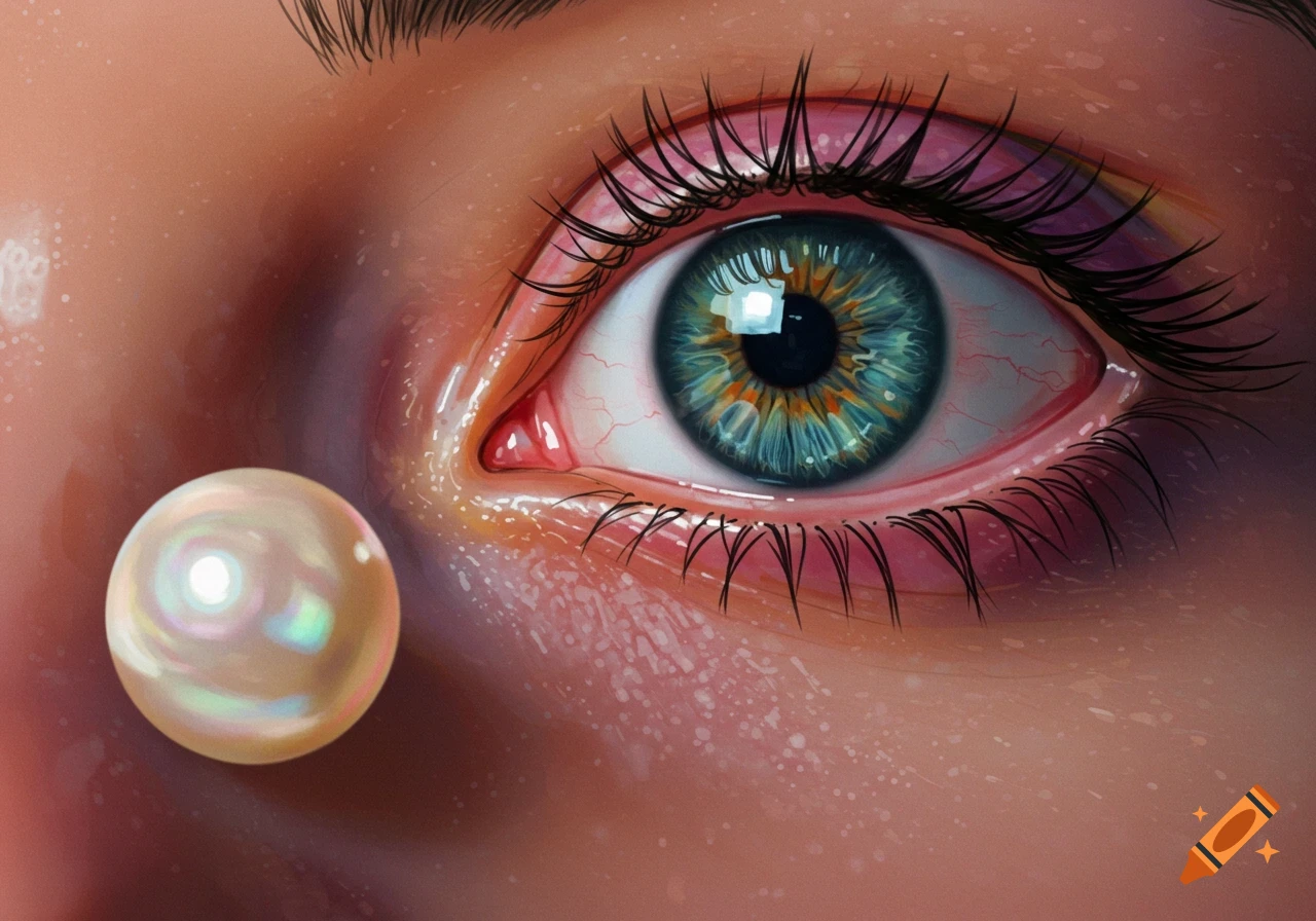 Close-up of a human eye looking at a shiny pearl