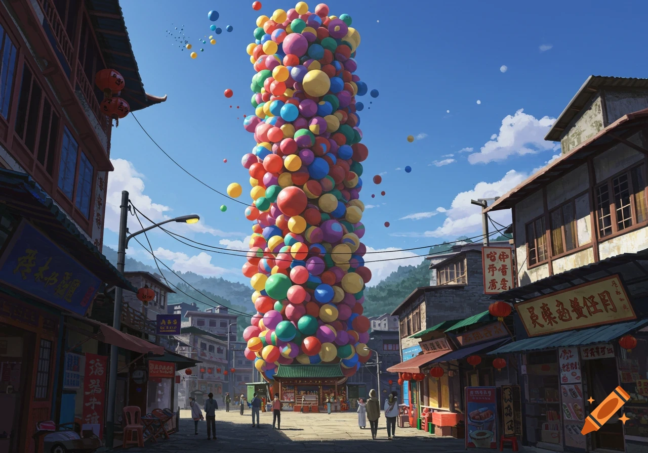 A giant tower of colorful balloons dominates a street scene in an Asian town.
